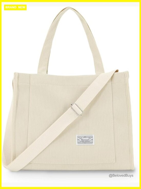 Handbags - Large Corduroy Tote Bag with Compartments for Work Travel College